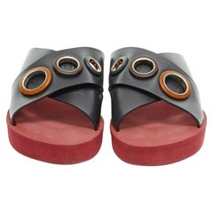 CHLOE black cross strap leather trimmed large grommet red rubber slides EU37