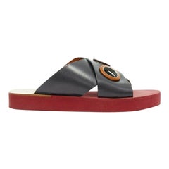 CHLOE black cross strap leather trimmed large grommet red rubber slides EU37