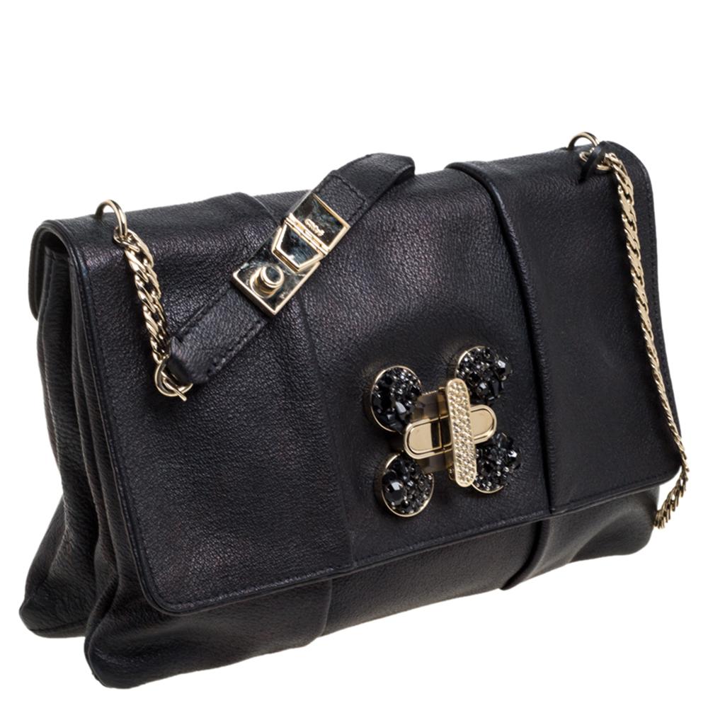 Chloe Black Crystal Embellished Leather Flap Shoulder Bag In Good Condition In Dubai, Al Qouz 2