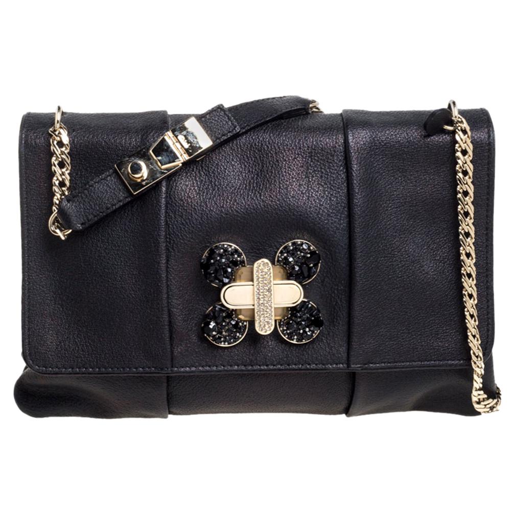 Chloe Black Crystal Embellished Leather Flap Shoulder Bag