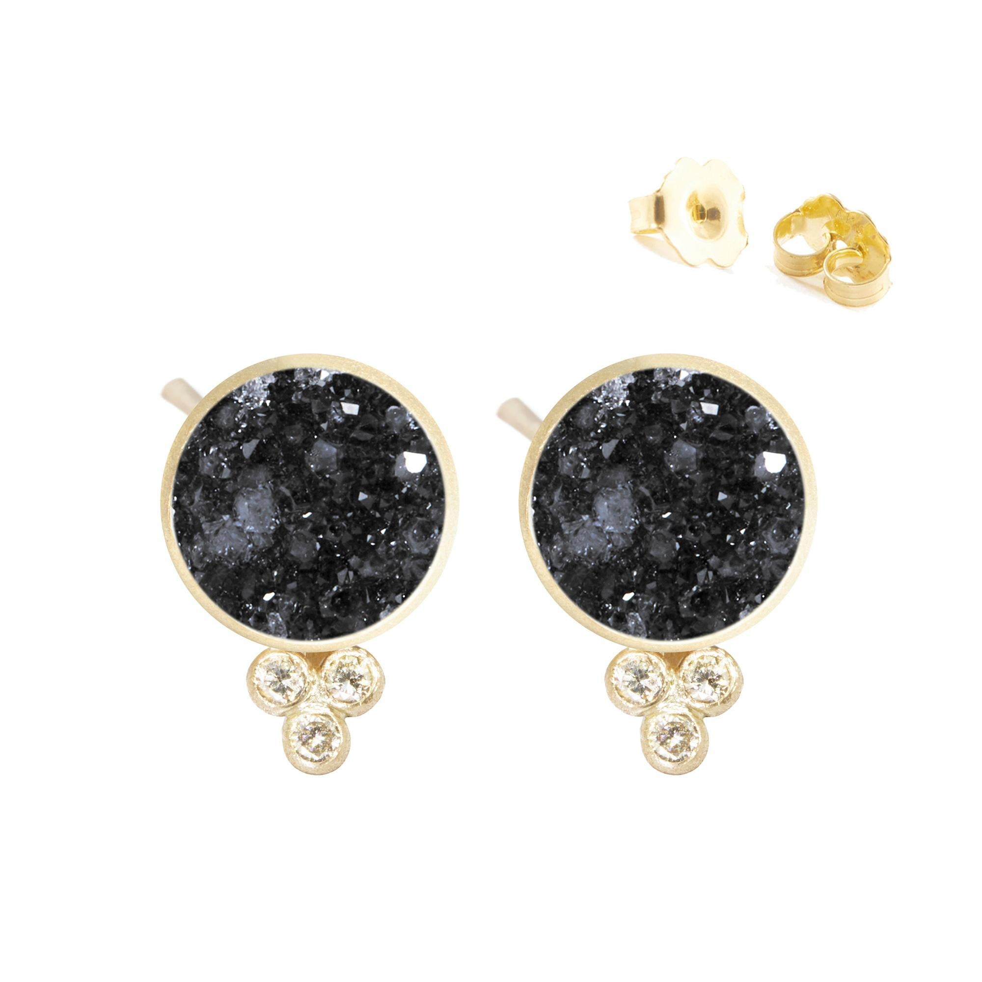 A Nina Nguyen classic: Our Chloe Gold Studs are designed with black druzy rimmed in gold, and accented with diamonds for some extra sparkle.

Nina Nguyen Design's patent-pending earrings have an element on the back of the stud or charm to allow
