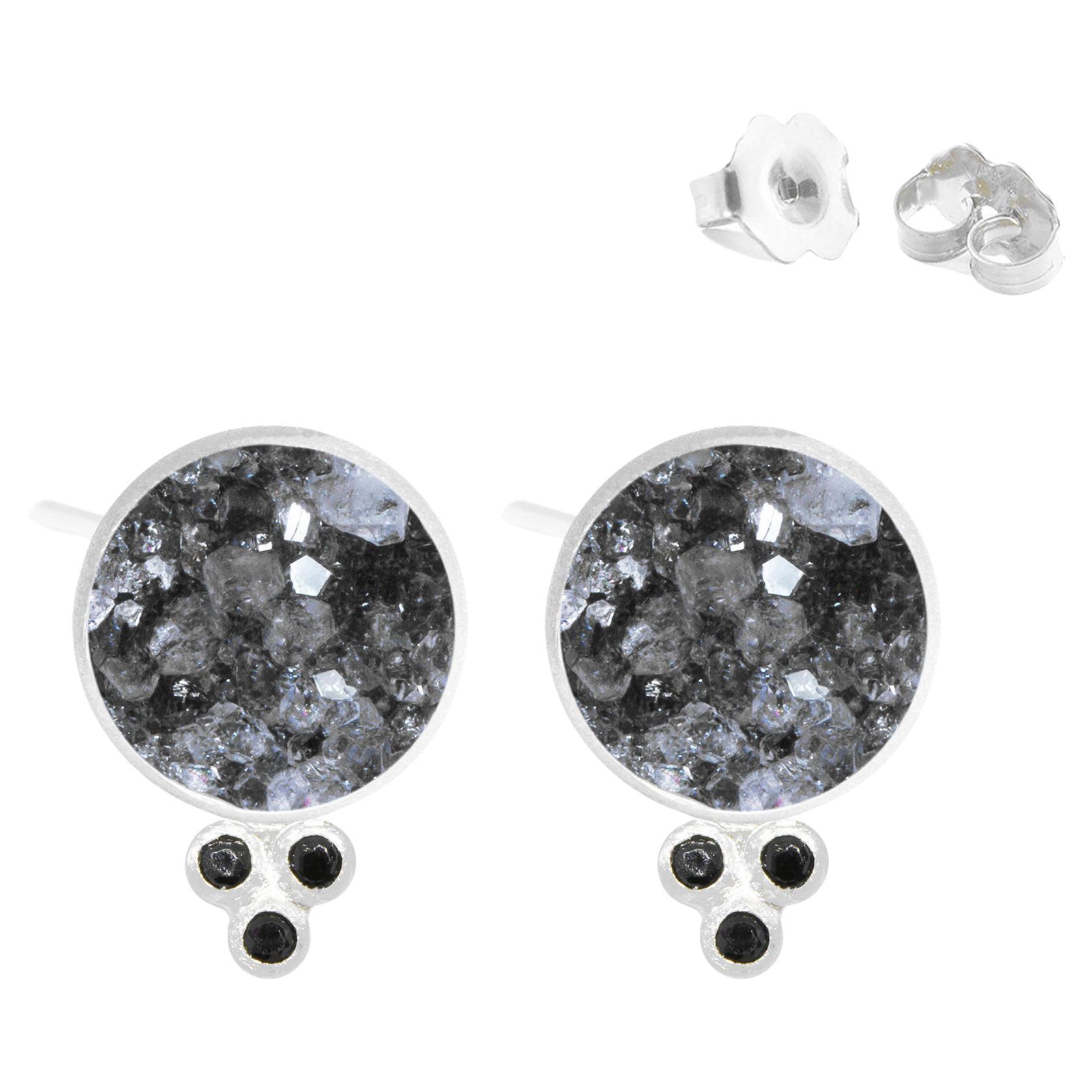 Chloe Black Druzy Silver Stud Earrings For Sale