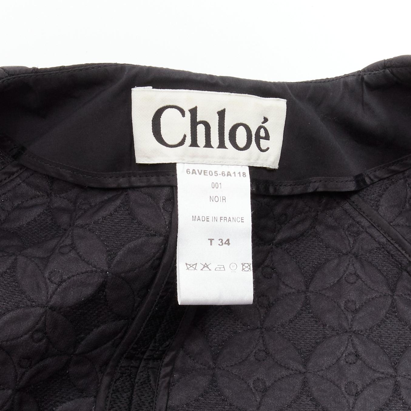 CHLOE black floral jacquard bell sleeve round neck cropped jacket FR34 XS For Sale 5