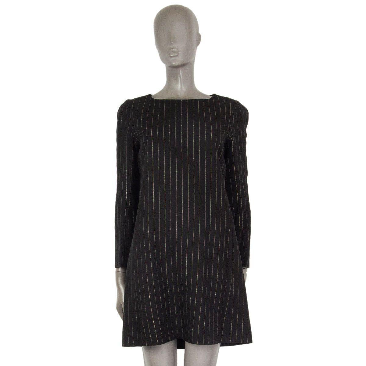 authentic Chloé 3/4 sleeve pinstripe shift dress in black silk (53%), wool (46%) and polyester (1%) with gold stitching and a round neck-line. Closes with a zipper on the back and has slit pockets on the front. Lined in black acetate (70%) and silk