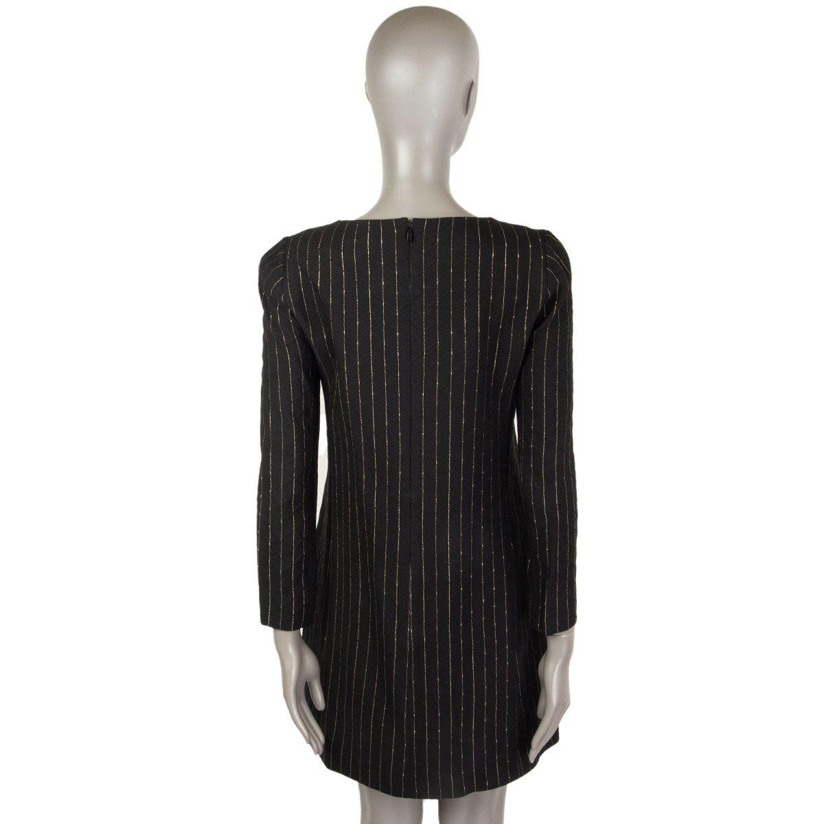 Black CHLOE black & gold silk & wool PINSTRIPE 3/4 Sleeve Shift Dress 38 S For Sale