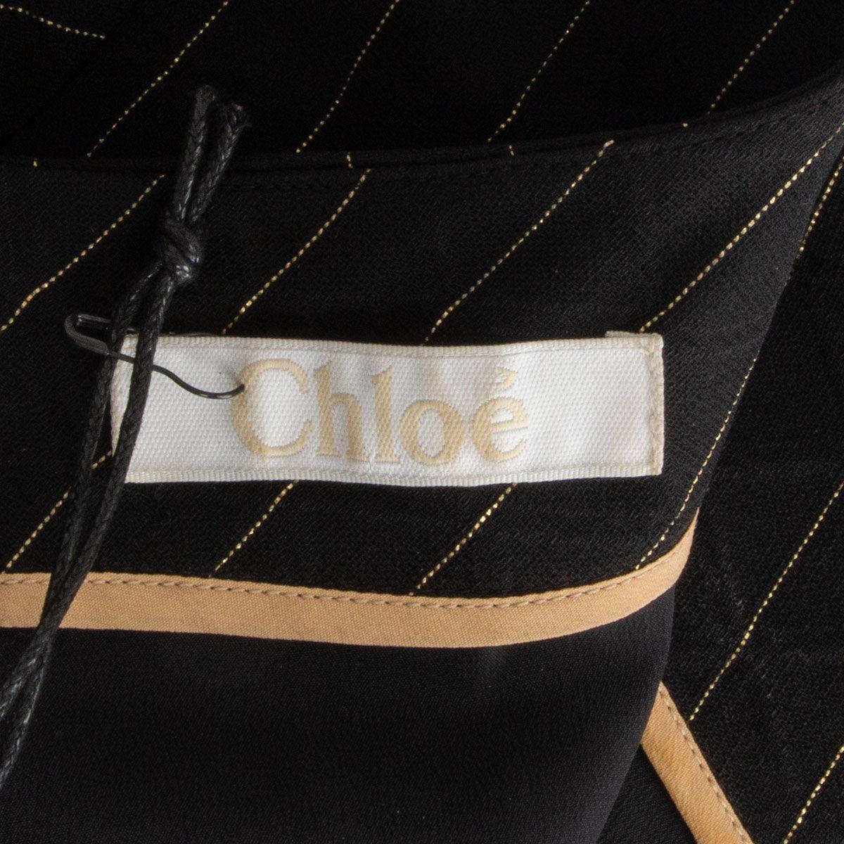 Women's CHLOE black & gold silk & wool PINSTRIPE 3/4 Sleeve Shift Dress 38 S For Sale