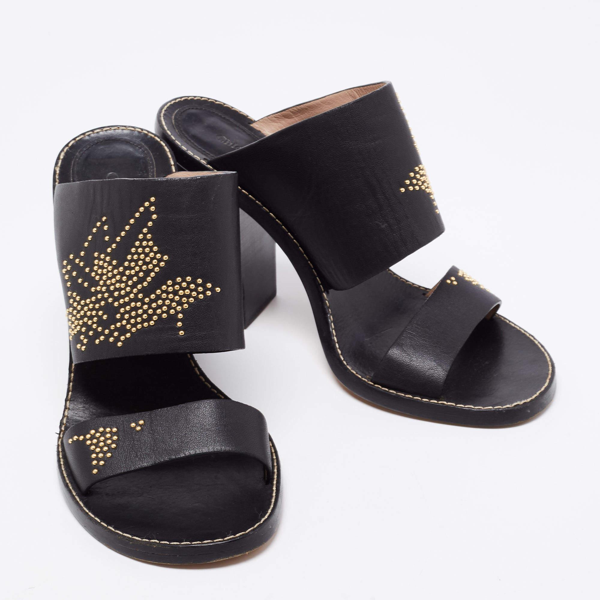 Women's Chloe Black/Gold Studded Leather Slide Sandals Size 41