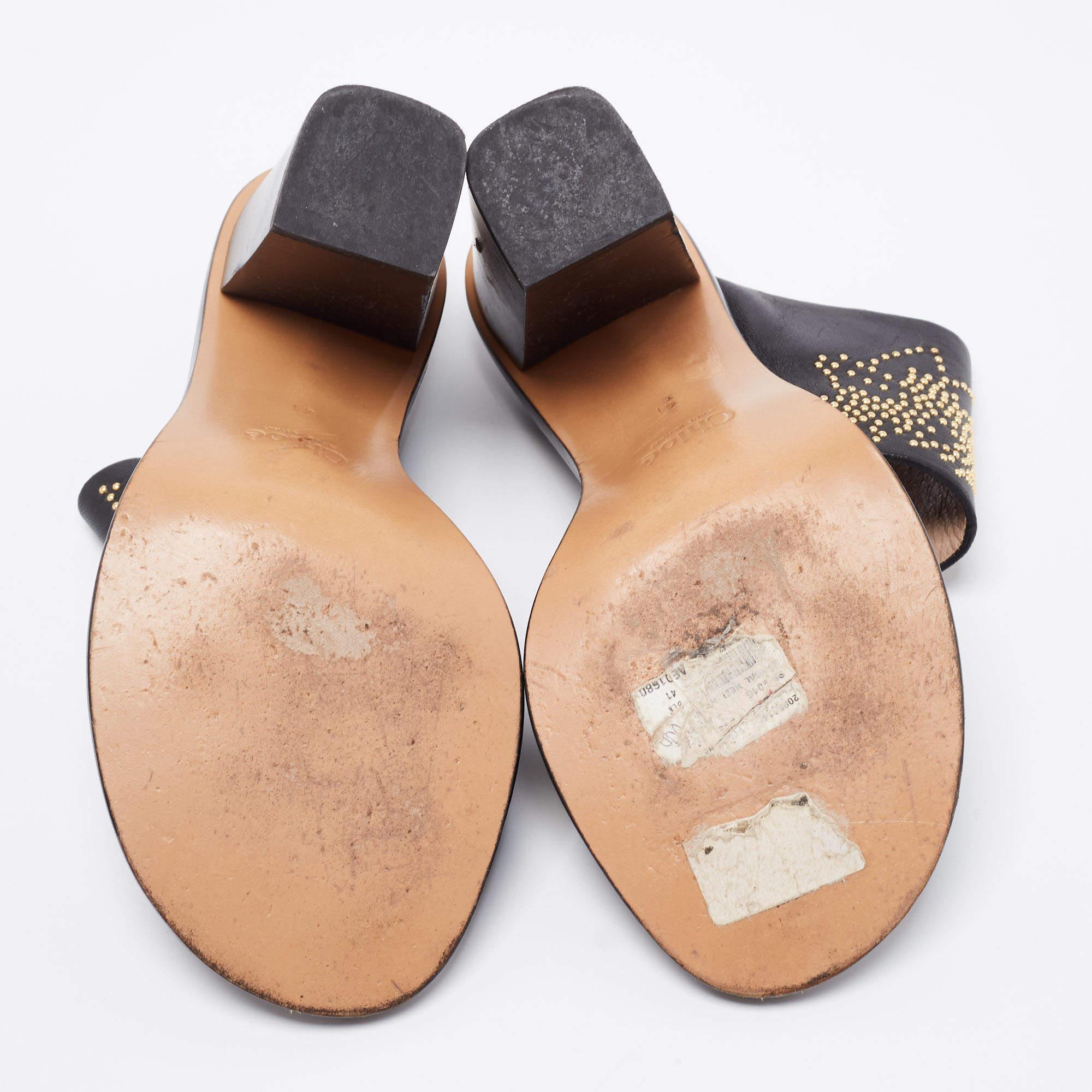 Chloe Black/Gold Studded Leather Slide Sandals Size 41 2