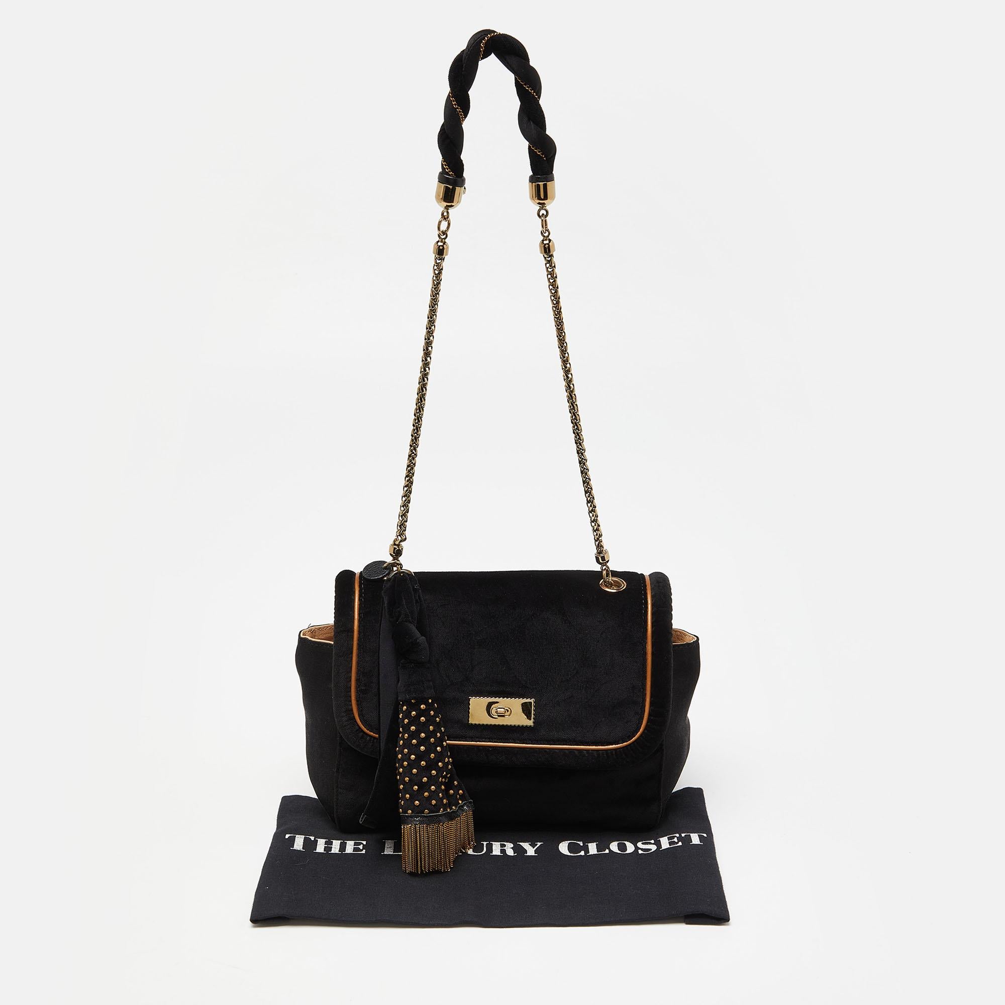Chloe Black/Gold Velvet Metal Detail Flap Bag For Sale 2