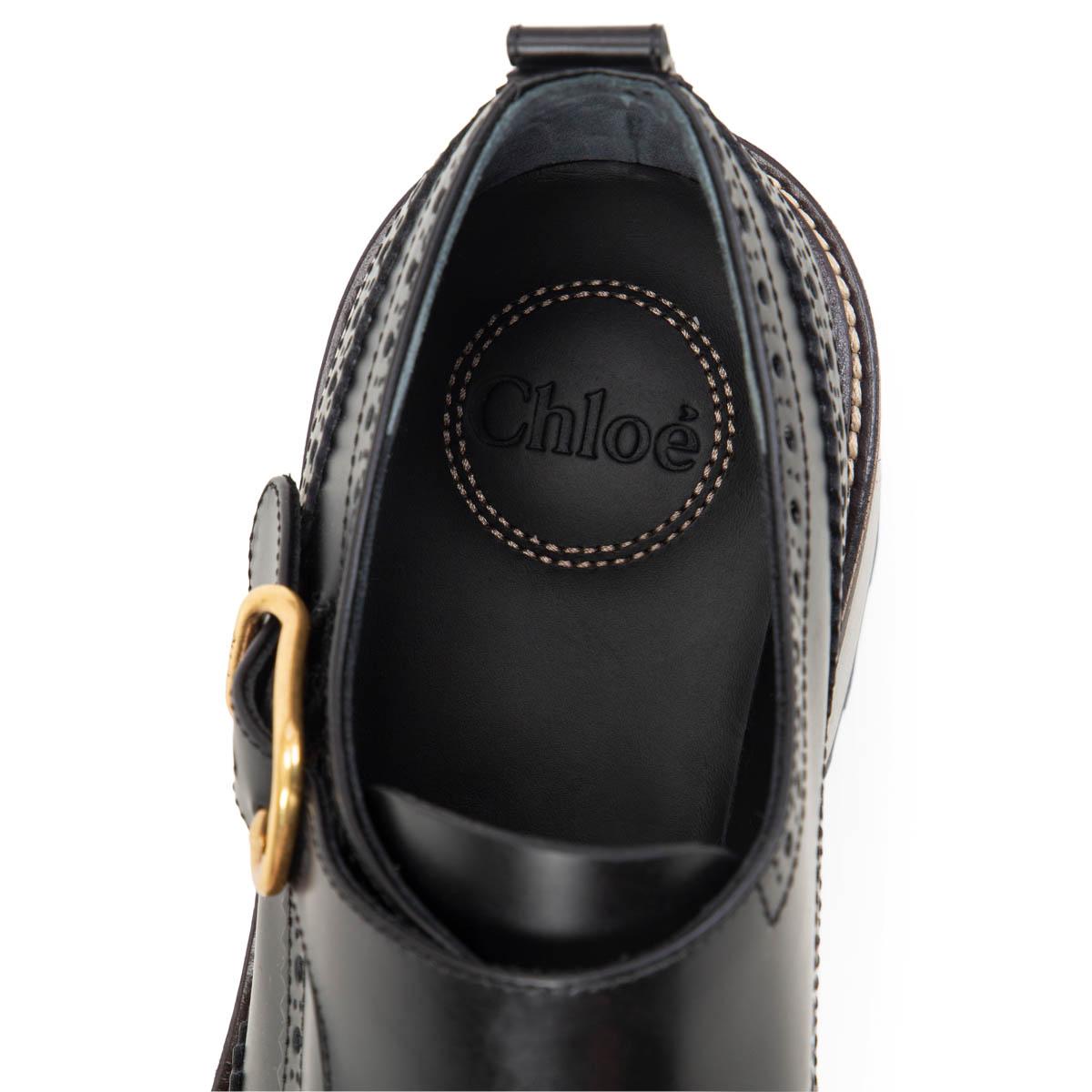 Black CHLOE black leather BROGUE FRANNE MONK STRAP Loafers Flats Shoes 39.5