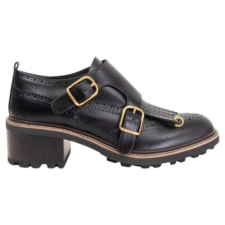 CHLOE black leather BROGUE FRANNE MONK STRAP Loafers Flats Shoes 39.5 ...