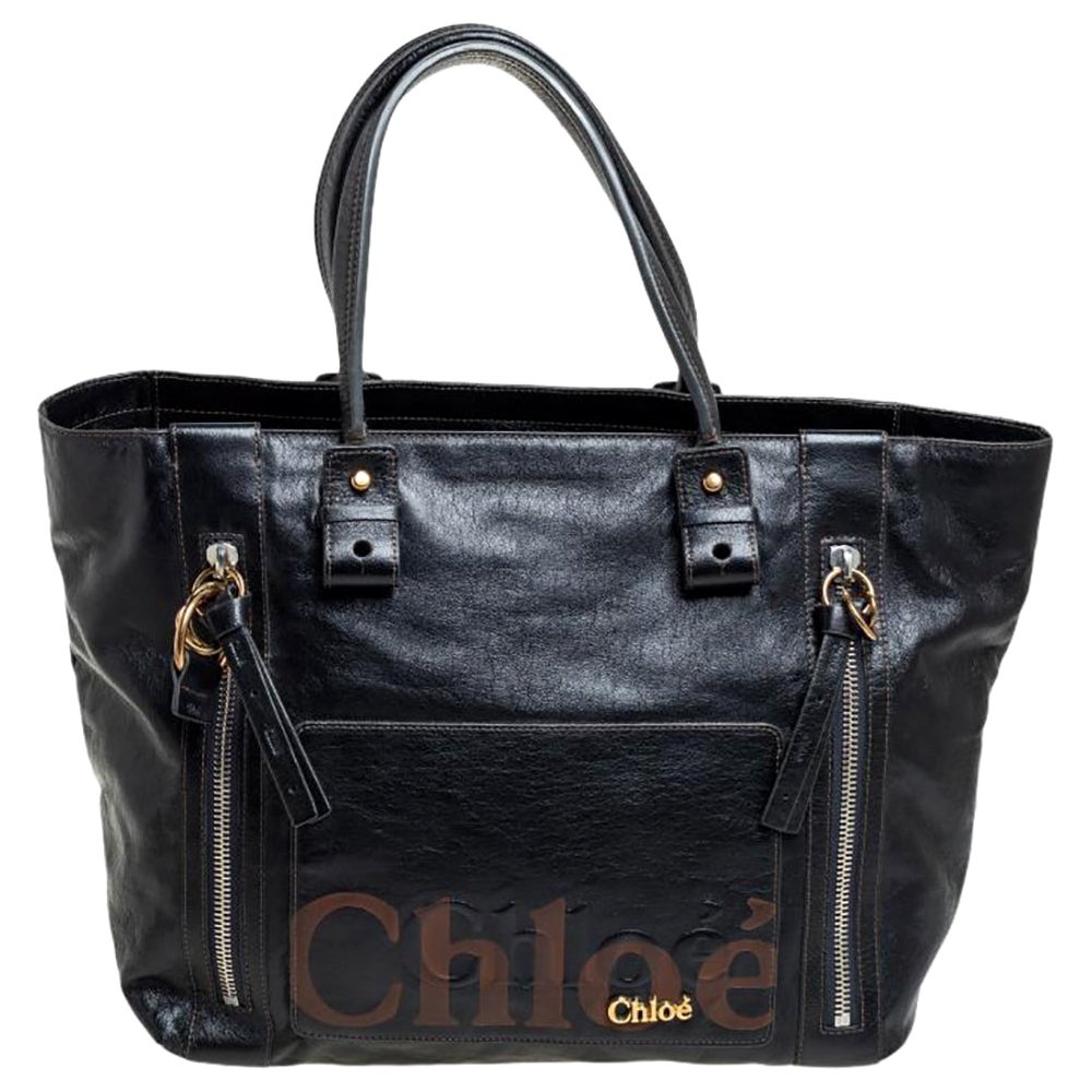 Chloe Schwarzes Leder Eclipse Logo verschönert Tote