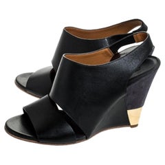 Chloe Black Leather Eliza Wedge Slingback Sandals Size 39.5