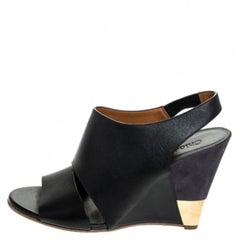 Chloe Black Leather Eliza Wedge Slingback Sandals Size 39.5