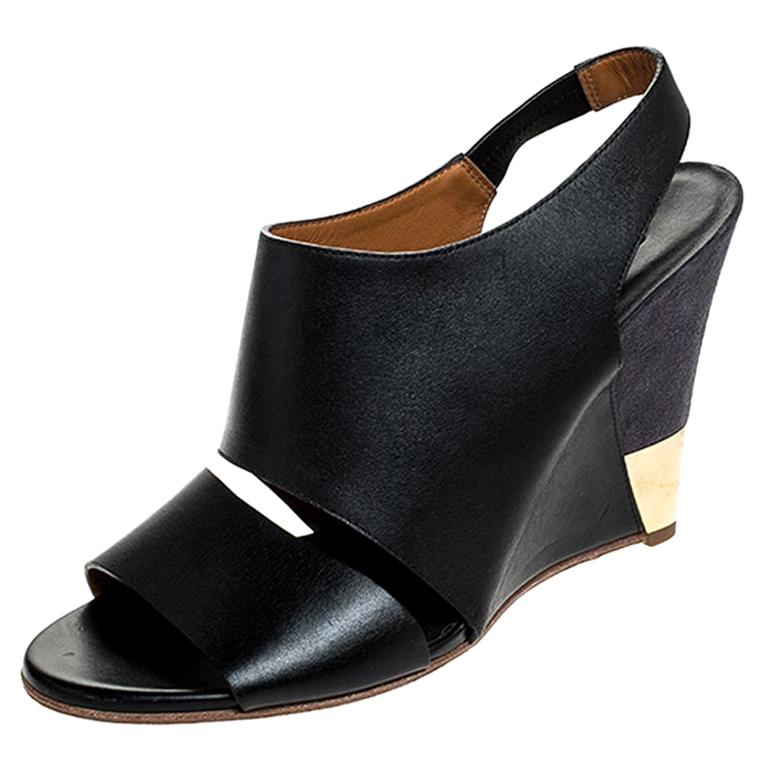 Chloe Black Leather Eliza Wedge Slingback Sandals Size 39.5 For Sale