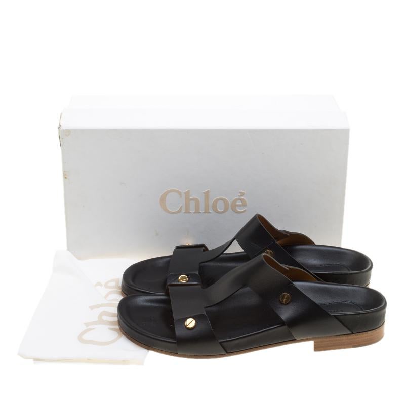 Chloe Black Leather Erika Slip On Flat Sandals Size 41 2