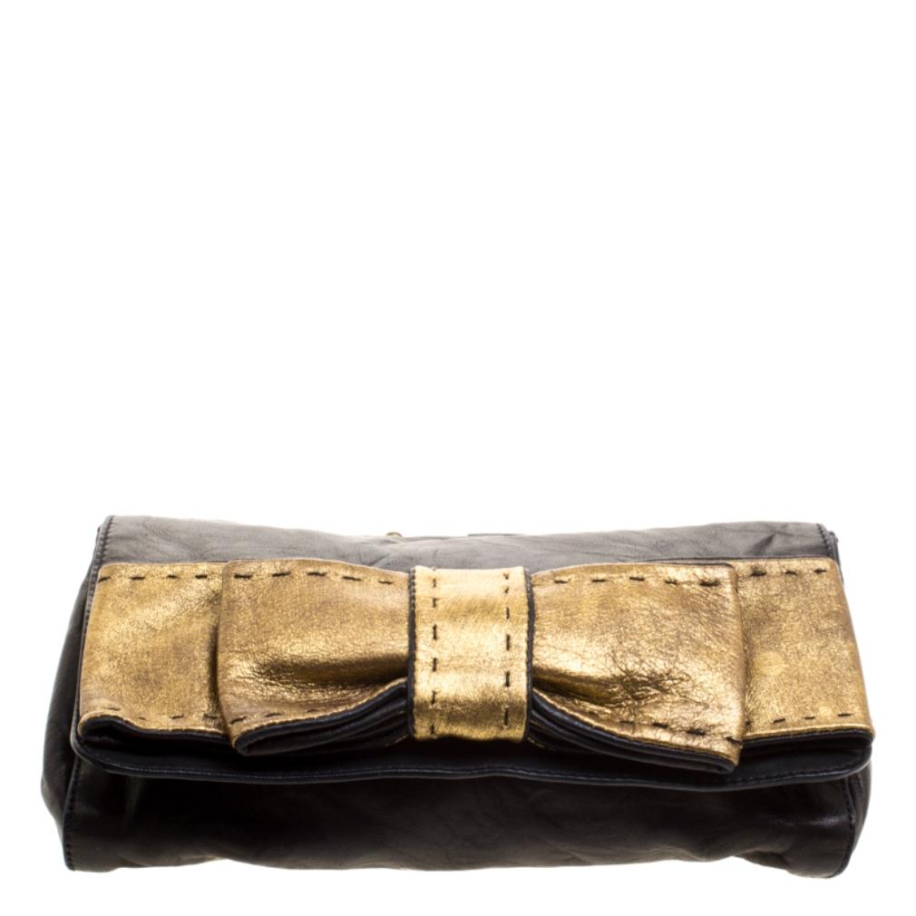 Women's Chloe Black Leather Gold Bow Flap Clutch