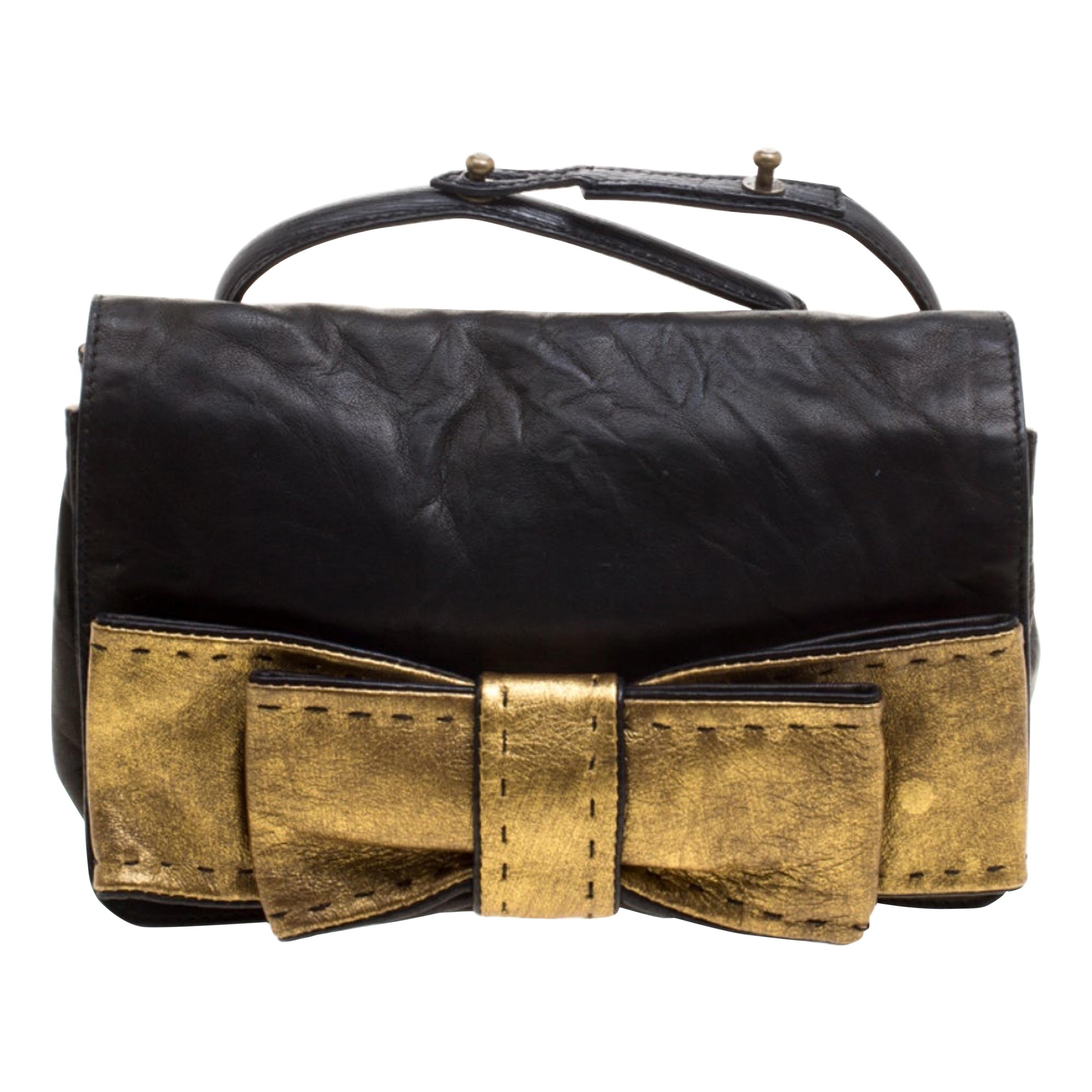 Chloe Black Leather Gold Bow Flap Clutch