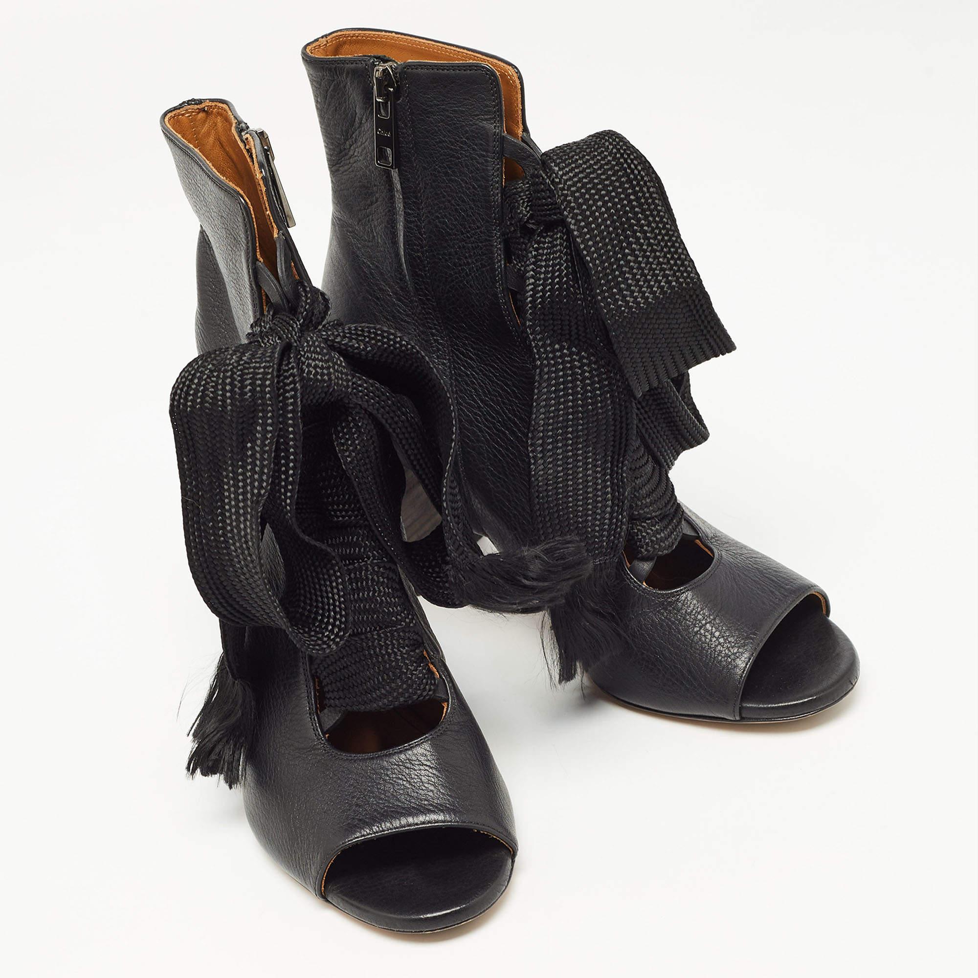 De las mujeres Chloe Negro Cuero Harper Peep Toe Tobillo Wrap Botines Tamaño 37.5 en venta