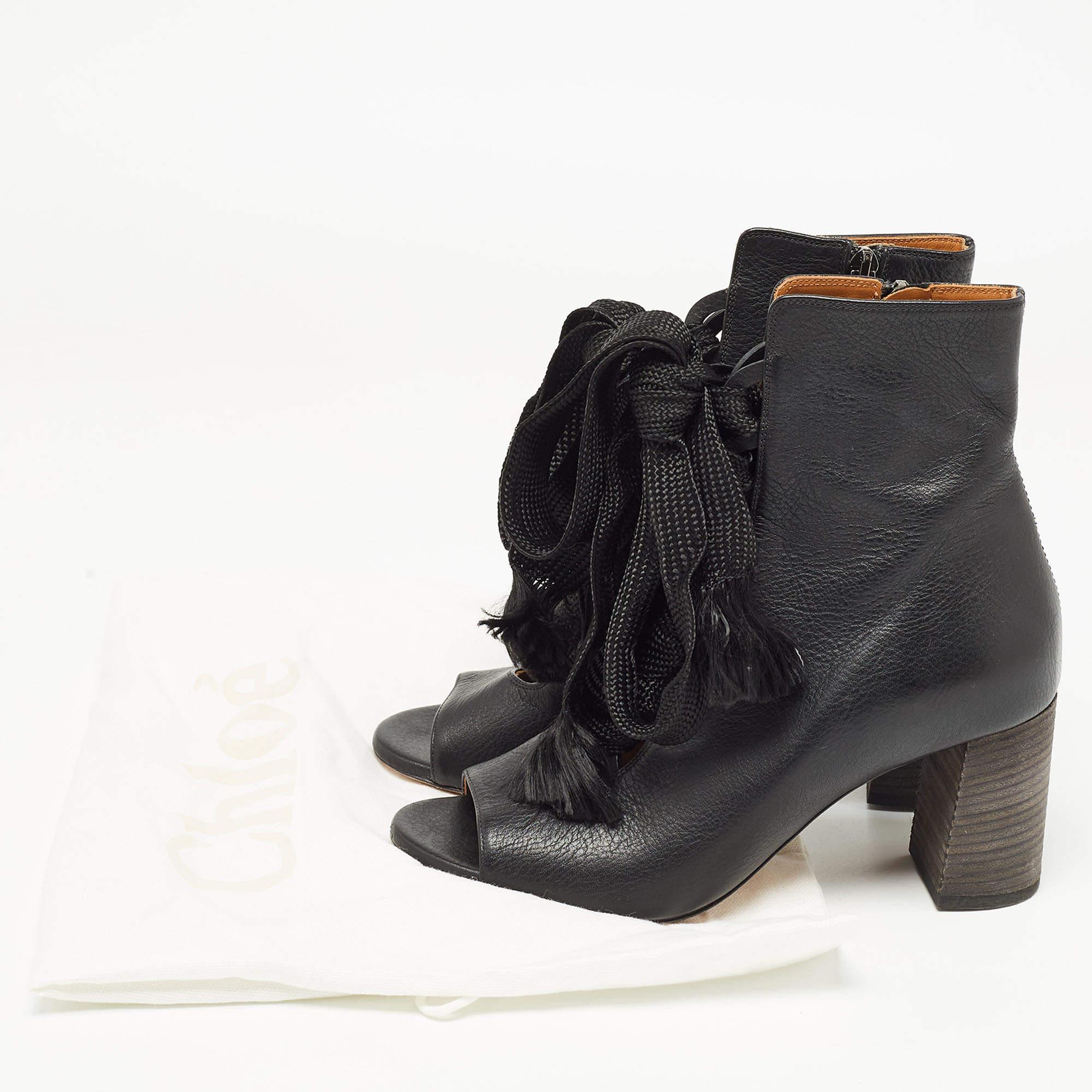 Chloe Negro Cuero Harper Peep Toe Tobillo Wrap Botines Tamaño 37.5 en venta 5