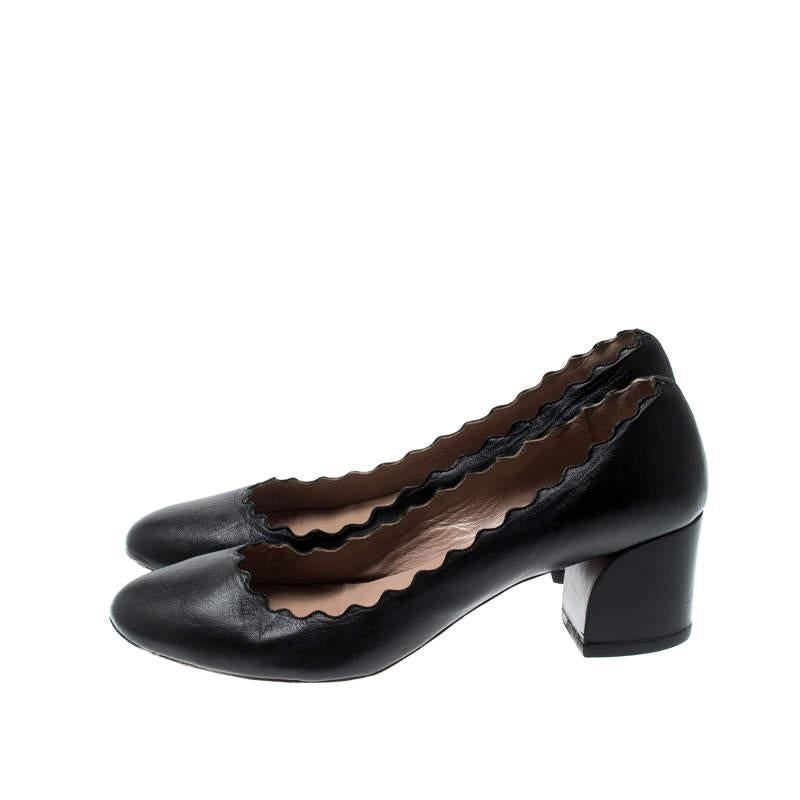 Women's Chloe Black Leather Lauren Scallop Trim Block Heel Pumps Size 38.5