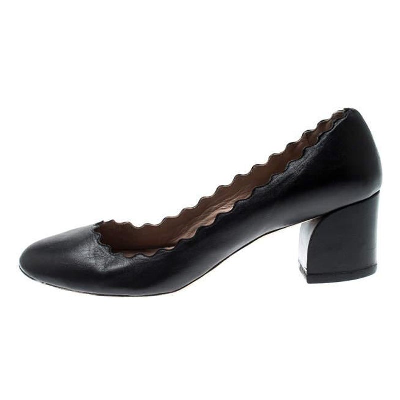 Chloe Black Leather Lauren Scallop Trim Block Heel Pumps Size 38.5