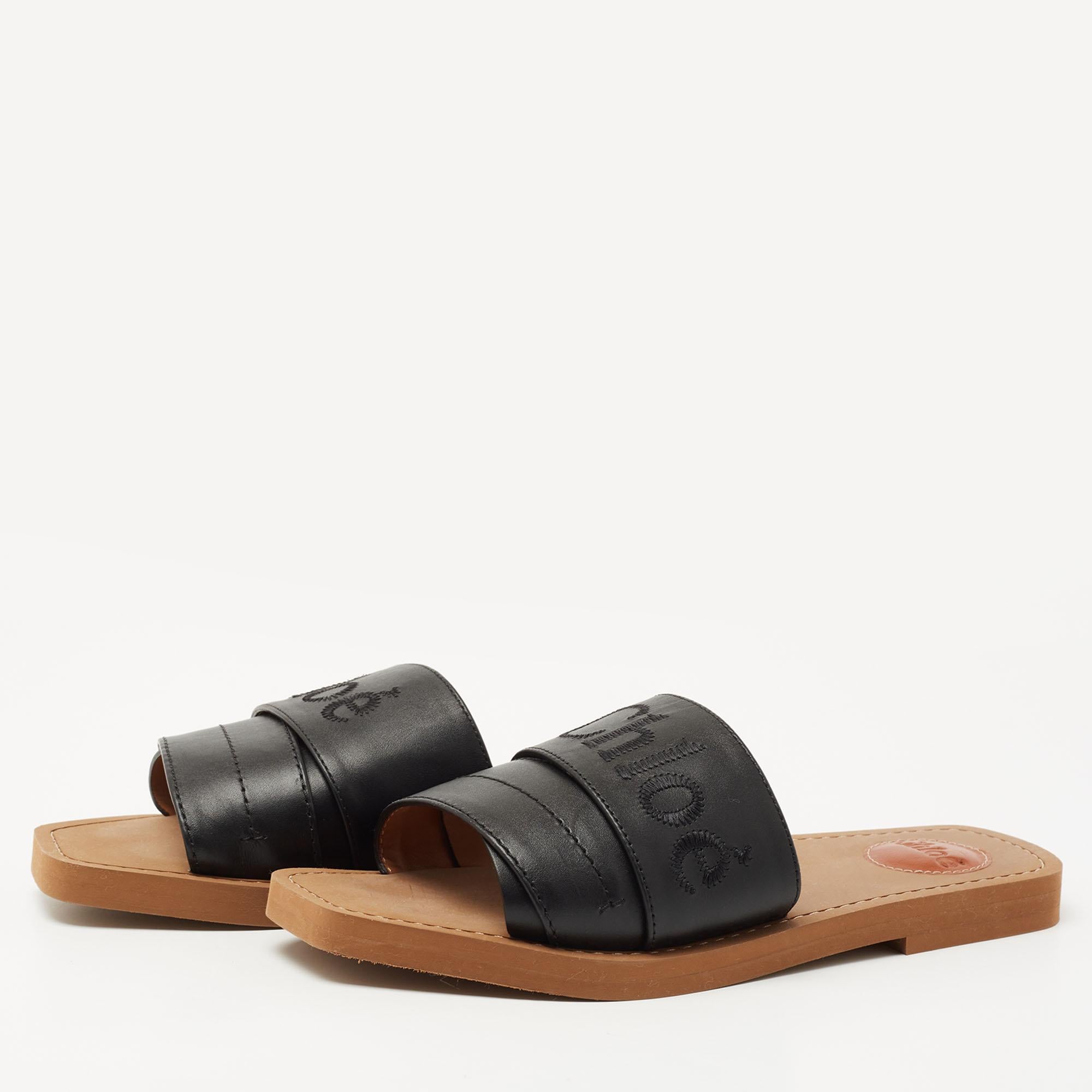 Women's Chloe Black Leather Logo Embroidered Woody Flat Slides Size 38