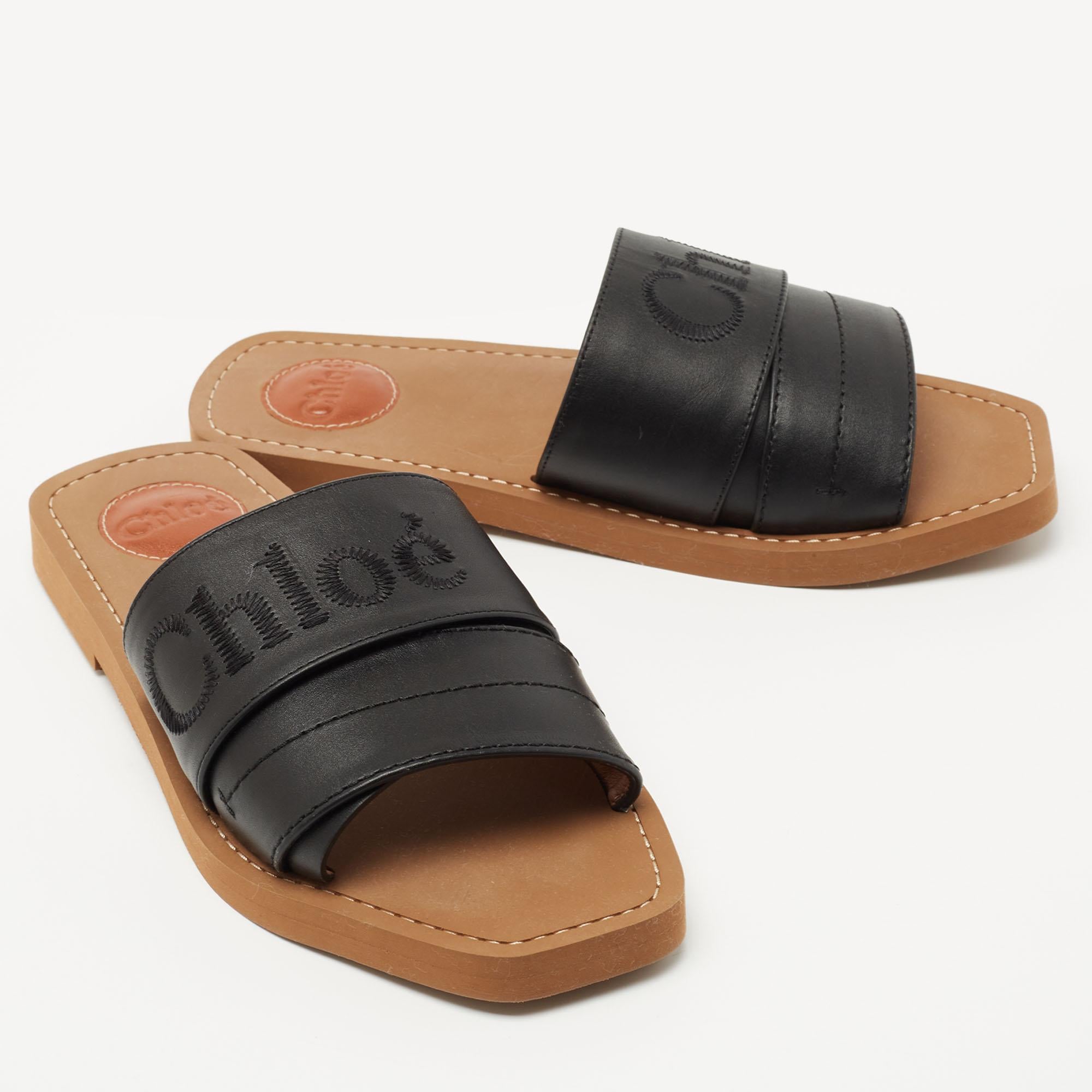 Chloe Black Leather Logo Embroidered Woody Flat Slides Size 38 1