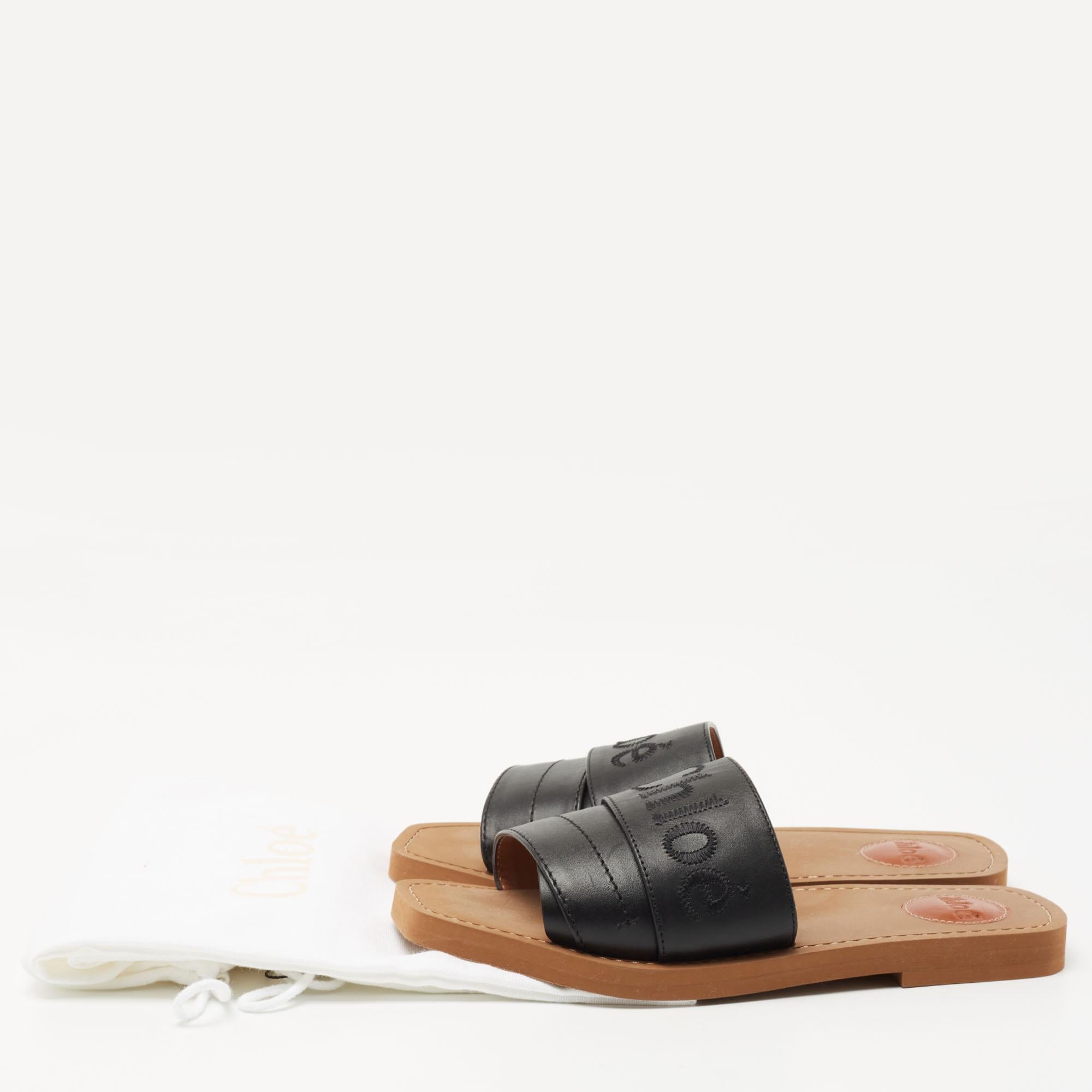 Chloe Black Leather Logo Embroidered Woody Flat Slides Size 38 2