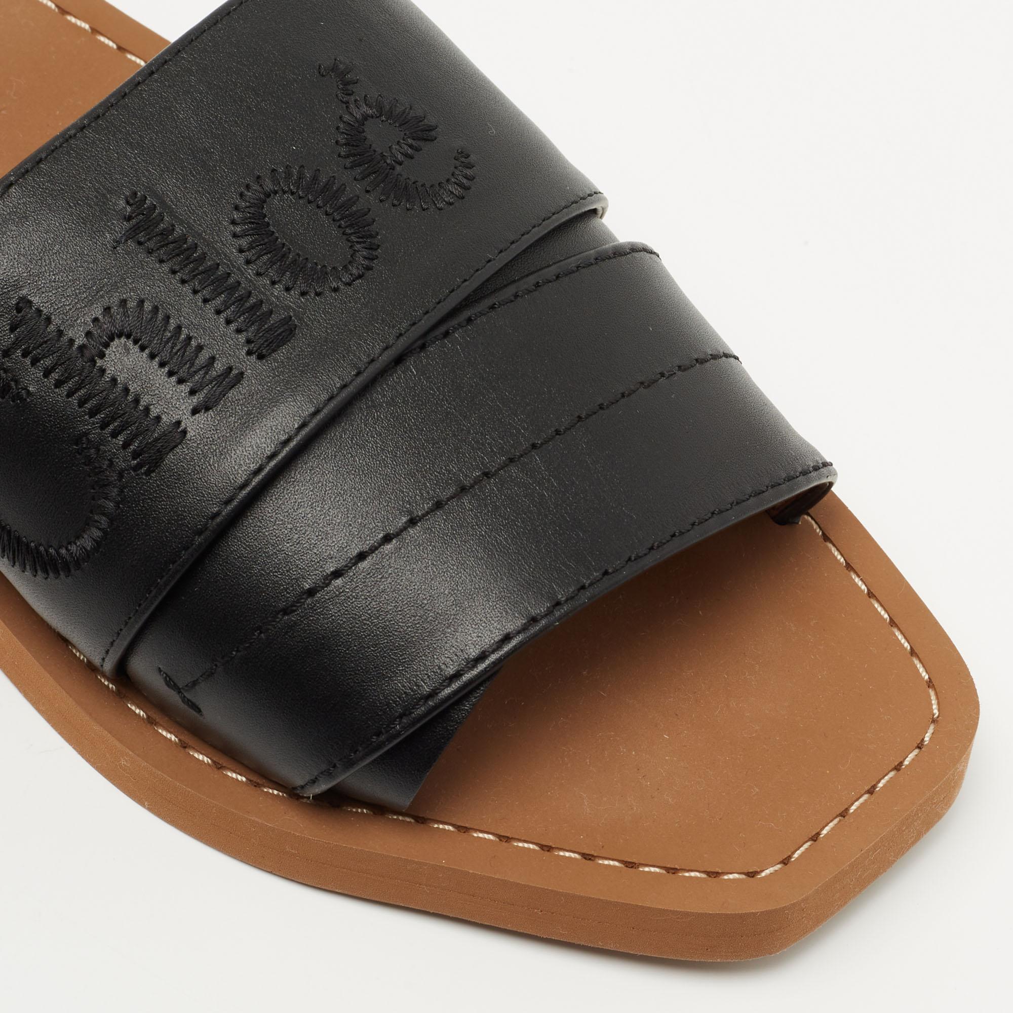 Chloe Black Leather Logo Embroidered Woody Flat Slides Size 38 3