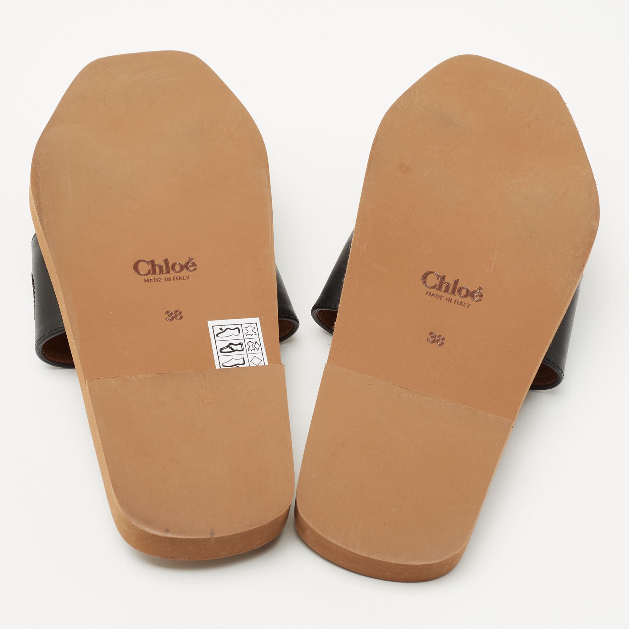 Chloe Black Leather Logo Embroidered Woody Flat Slides Size 38 5