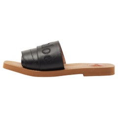 Chloe Black Leather Logo Embroidered Woody Flat Slides Size 38