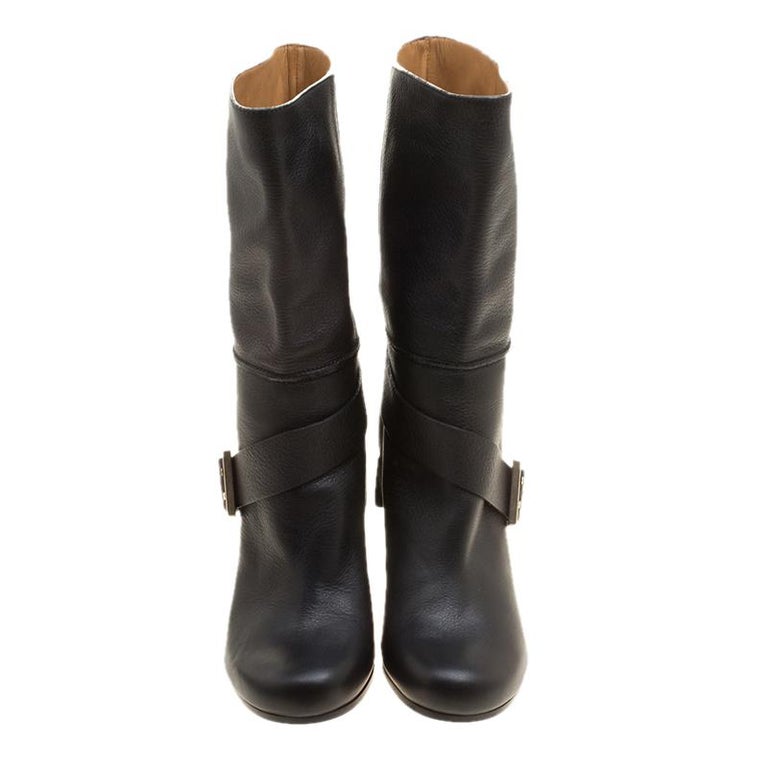 Chloe Black Leather MidCalf Buckle Boots Size 37 at 1stDibs
