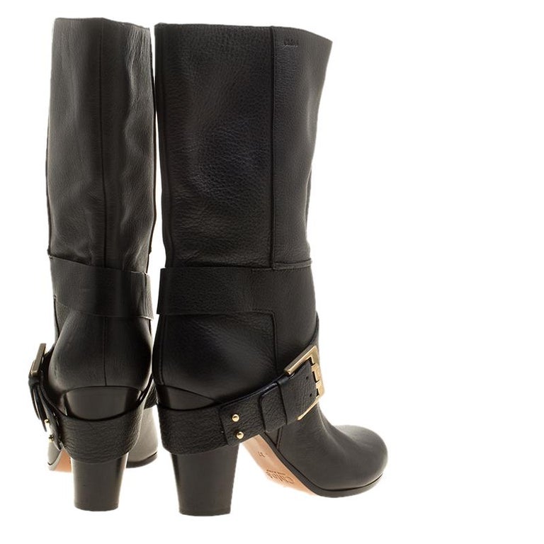 Chloe Black Leather MidCalf Buckle Boots Size 37 at 1stDibs