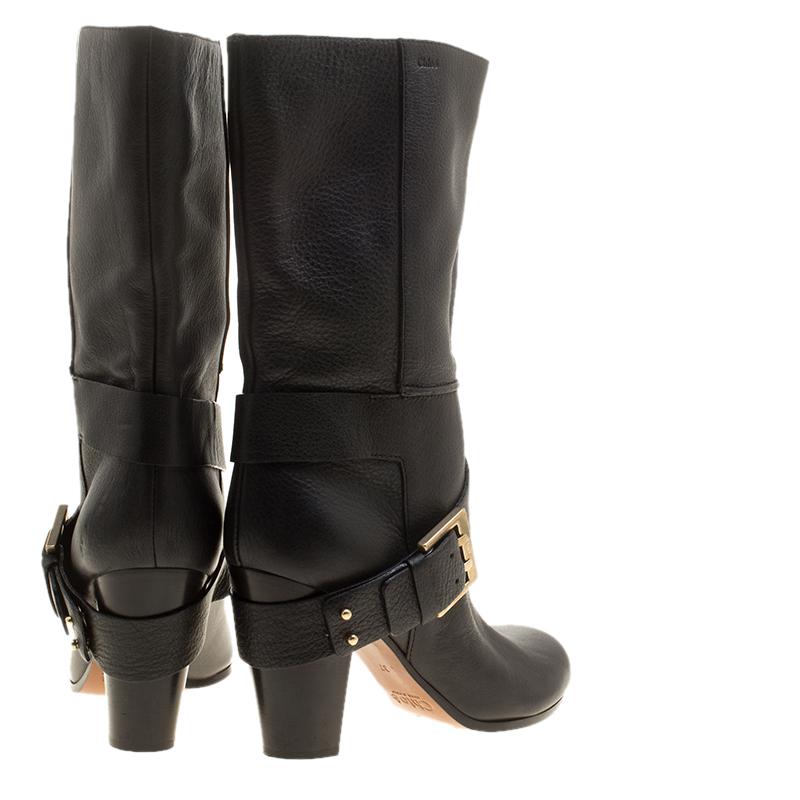 Chloe Black Leather Mid-Calf Buckle Boots Size 37 In Good Condition In Dubai, Al Qouz 2