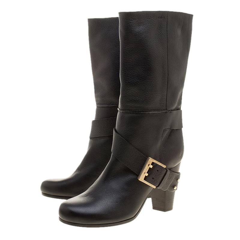 Chloe Black Leather Mid-Calf Buckle Boots Size 37 In Good Condition In Dubai, Al Qouz 2