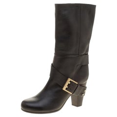 Used Chloe Black Leather Mid-Calf Buckle Boots Size 37