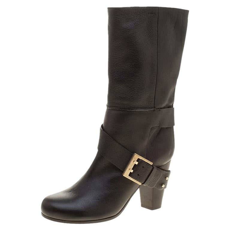 Chloe Black Leather MidCalf Buckle Boots Size 37 at 1stDibs