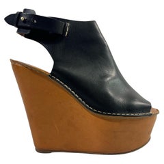 Chloe Black Leather Open Toe Platform Wedge Clogs 38.5
