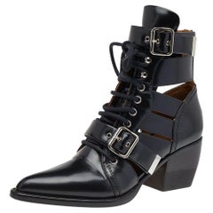 Used Chloe Black Leather Reilly 60 Buckle Ankle Boots Size 38
