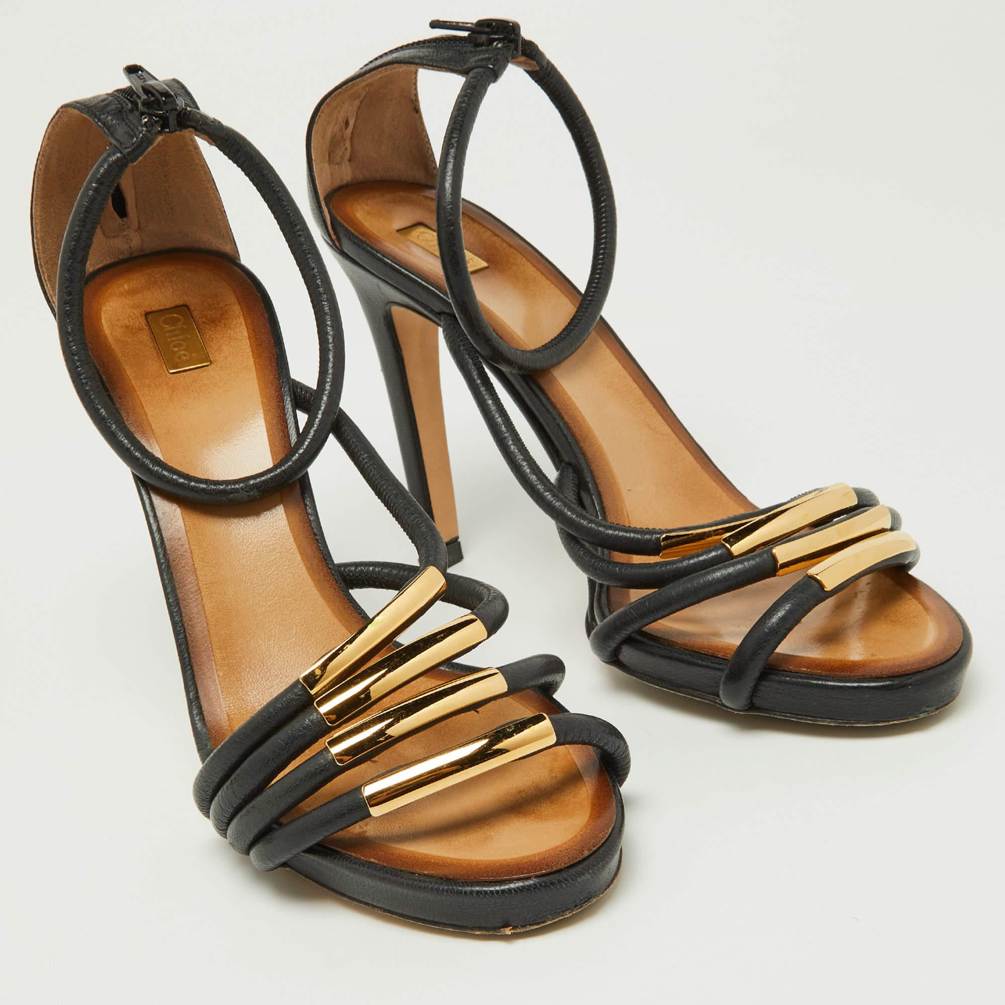 Women's Chloe Black Leather Strappy Ankle Strap Sandals Size 38 For Sale