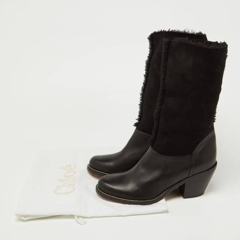 Chloe Black Leather, Suede and Fur Trim Mid Calf Boots Size 39 6