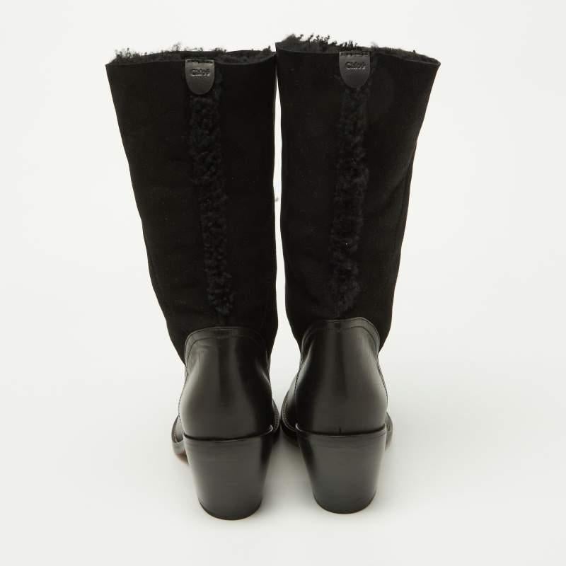 Chloe Black Leather, Suede and Fur Trim Mid Calf Boots Size 39 2
