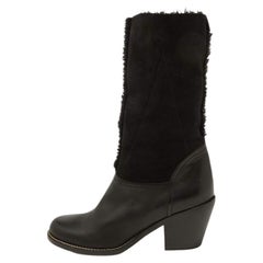 Used Chloe Black Leather, Suede and Fur Trim Mid Calf Boots Size 39