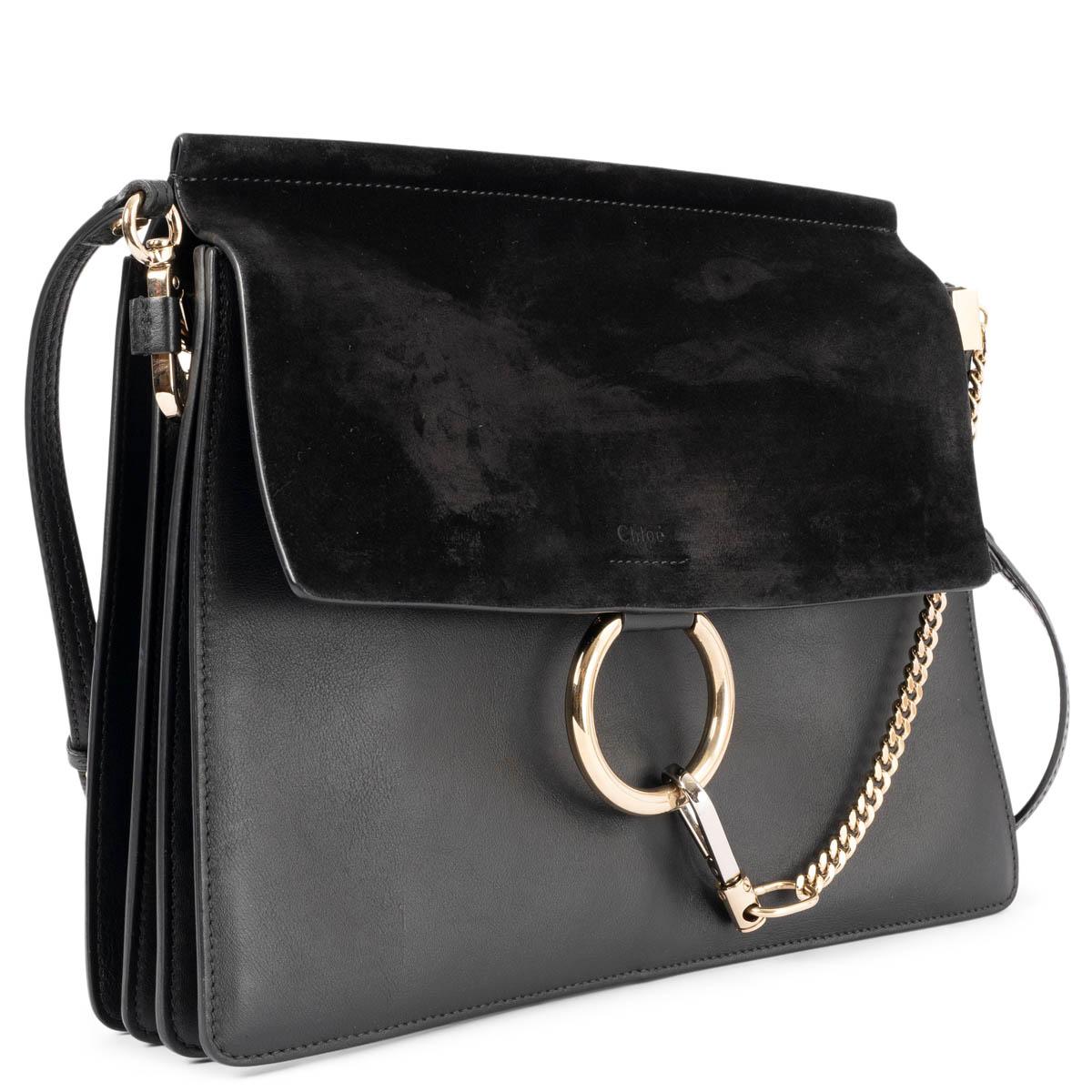 100% authentic Chloé Faye Medium shoulder bag in black suede and calfskin featuring light gold-tone hardware.  Closes with a magnetic-snap under the flap. Open pocket under the flap. Unlined with a zipper pocket against the back. Has been carried