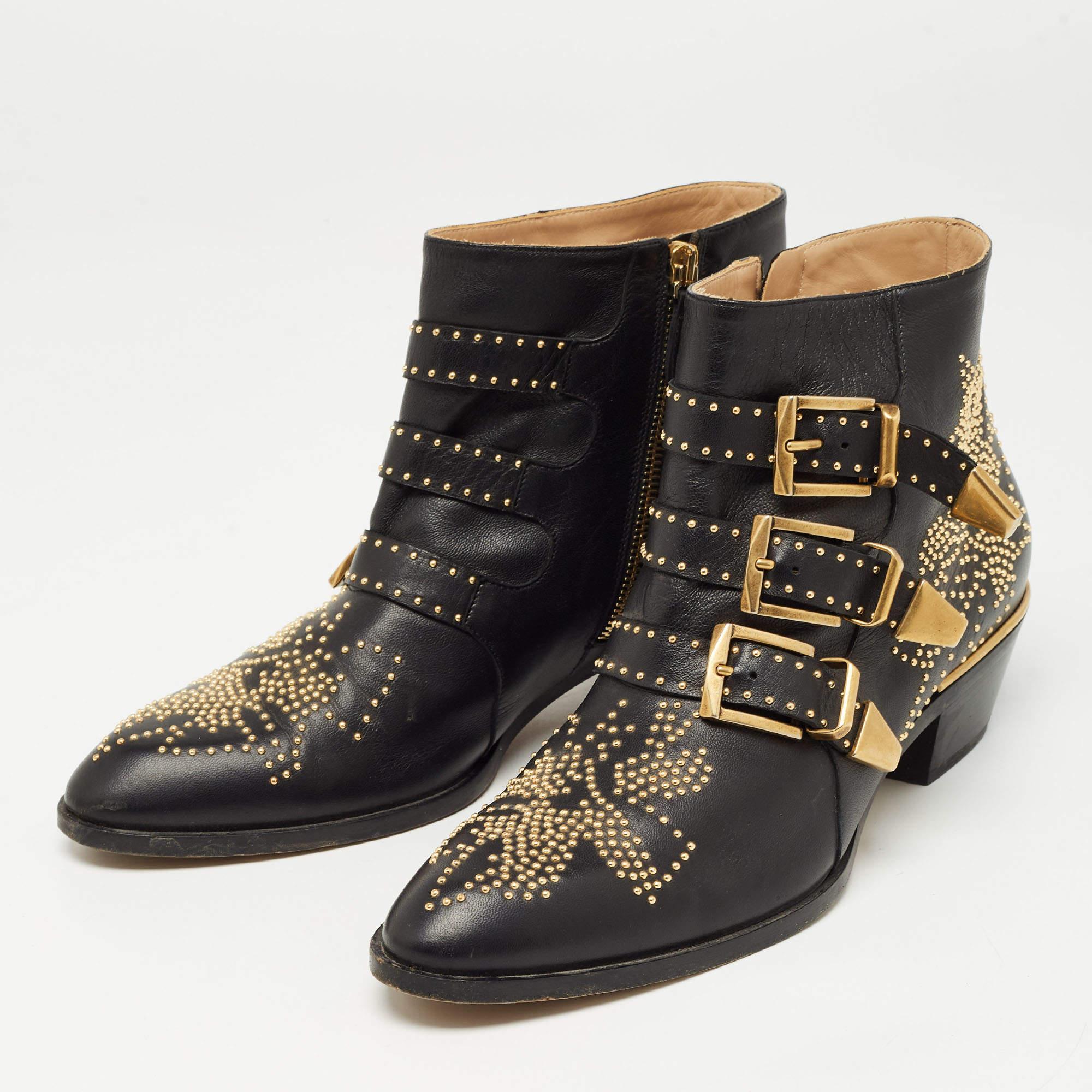 Women's Chloe Black Leather Susanna Ankle Boots Size 39.5