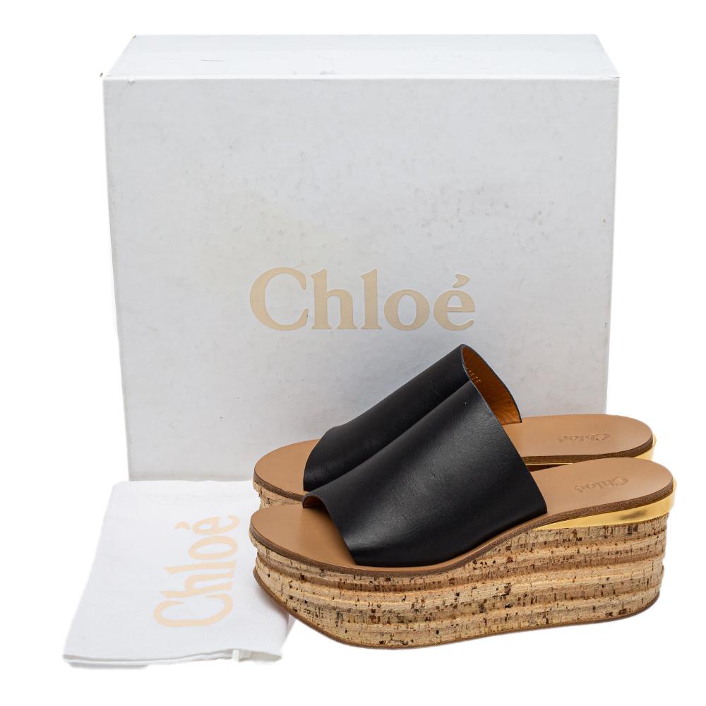 Chloé Black Leather Wedge Mules Sandals Size 38 2