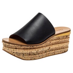 Chloé Black Leather Wedge Mules Sandals Size 38