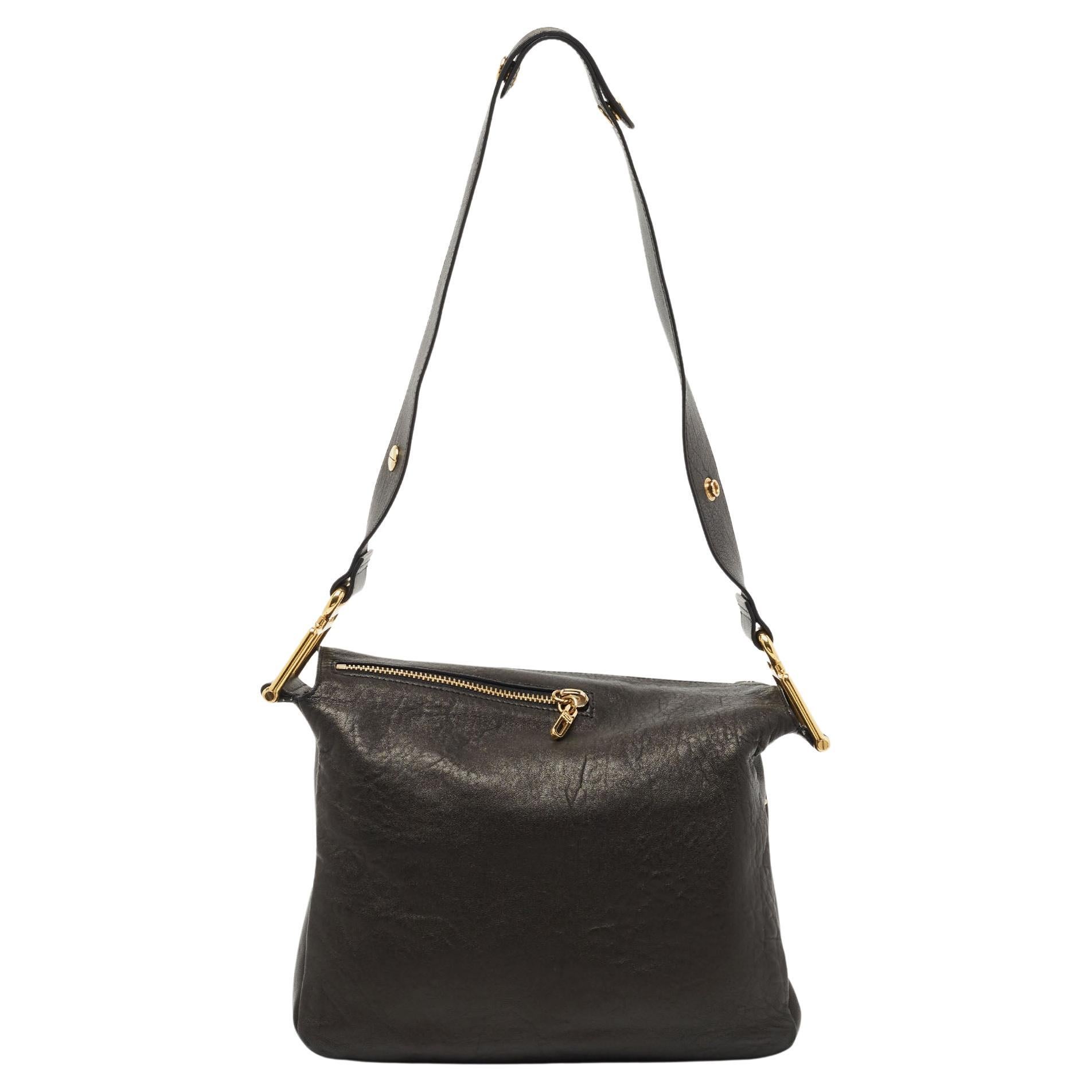 Chloe Black Leather Zip Messenger Bag For Sale