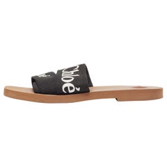 Chloe Black Logo Print Canvas Woody Flat Slides Size 41